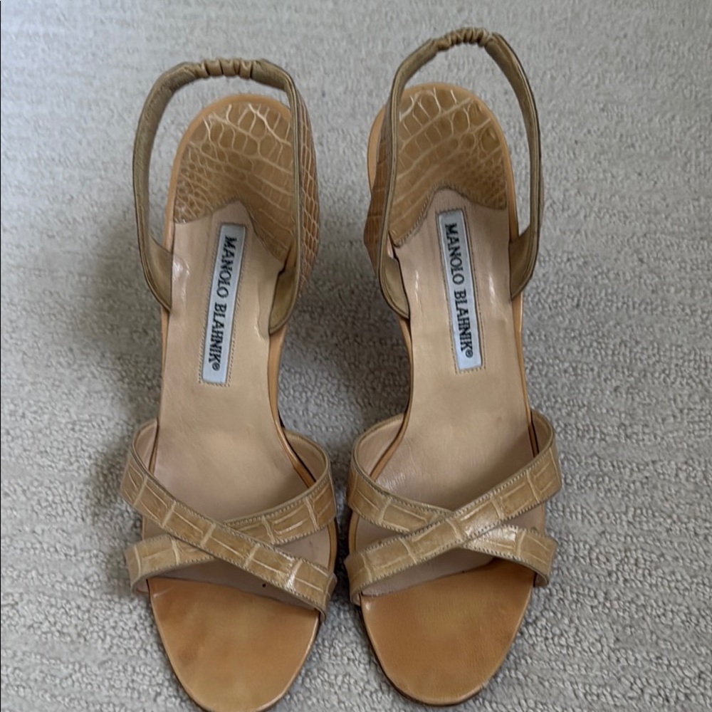 Manolo Blahnik Tan Leather Sandals with Crossed Straps